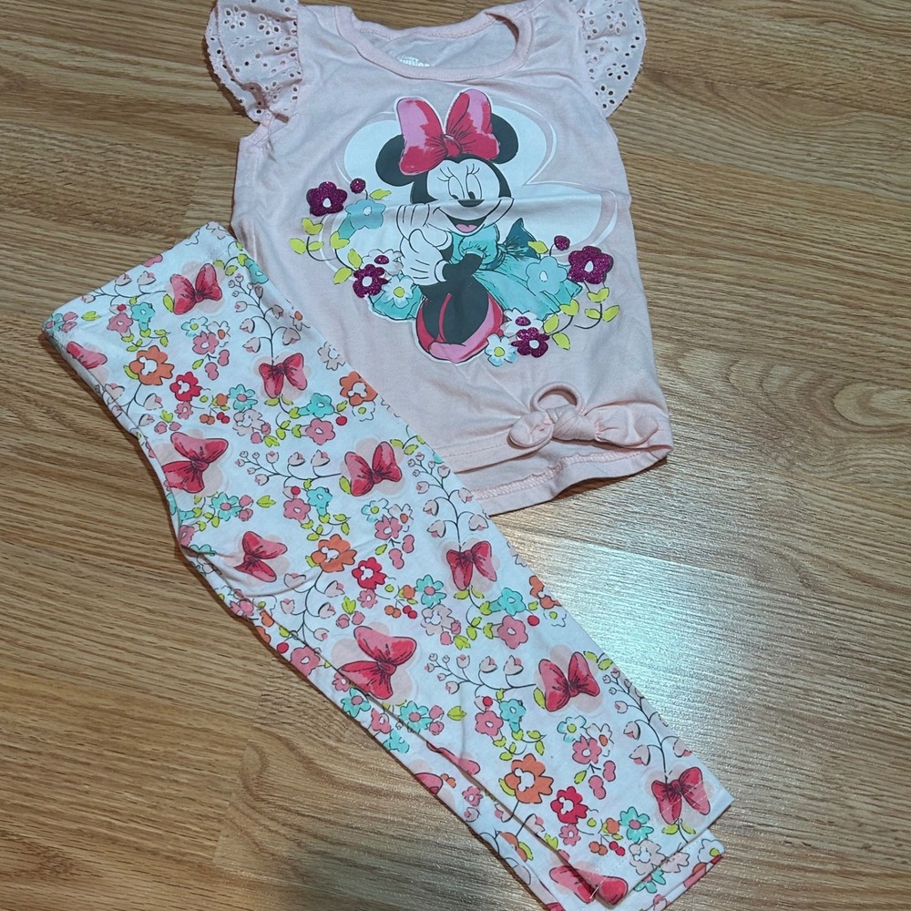 Disney Junior Minnie Mouse Pink Eyelet Top and Floral Leggings Set 2T